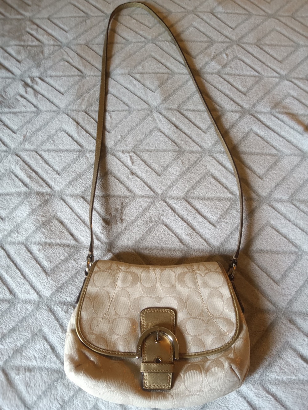 COACH Metallic/Beige Signature-Pattern Crossbody Bag with Gold Buckle